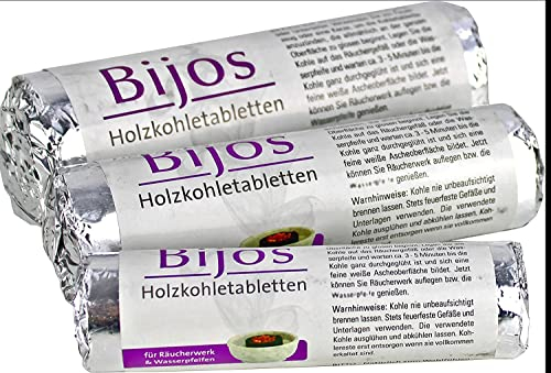 Bijos - Set di 10 compresse per carbone, 33, 40 e 50 mm, in legno di bambù, ad accensione rapida