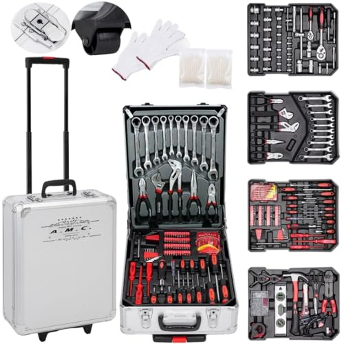 A.M.C. Trolley Porta Attrezzi, Set di Attrezzi da lavoro 849 Pezzi, Valigia Porta Attrezzi, Carrello Porta Attrezzi professionale, Portautensili, Cassetta con 3 Cassetti, Trolley da Lavoro