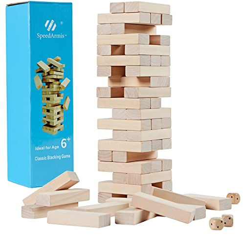 SpeedArmis Mini Tumble Tower, 54PCS Wooden Stacking Game for Teens - Pine Stack Timber Board Games with 4 Dice Set - Classic ‌Xmas Gifts for Teens