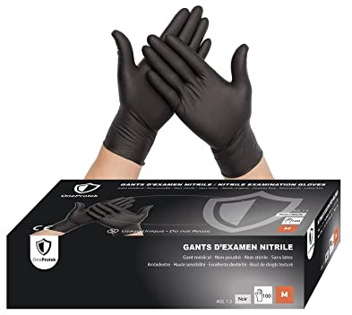 OneProtek Guantes desechables de nitrilo negro – Juego de 2 cajas de 100 guantes de nitrilo – Talla M (mediano, sin látex, resistentes y multiusos, protección contra productos químicos