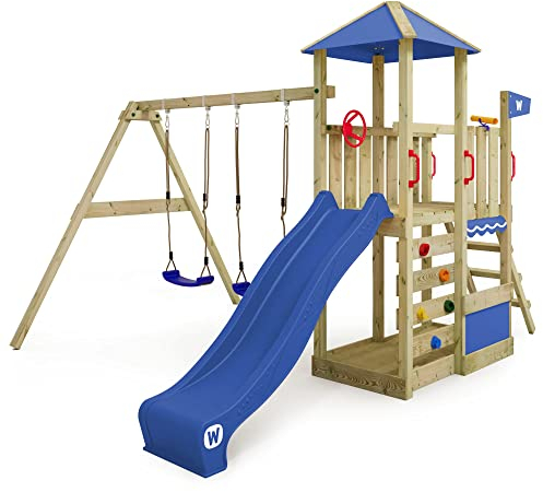 WICKEY Spielturm Klettergerüst Smart Savana mit Schaukel & Blauer Rutsche, Outdoor Kinder Kletterturm mit Sandkasten, Leiter & Spiel-Zubehör für den Garten