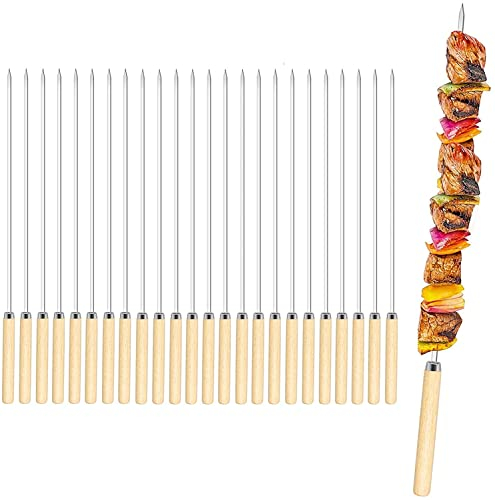 ZJT Stainless Steel Barbecue Skewers, Pack of 25 Reusable Barbecue Skewers with Wooden Handle Kebab Sticks for Shashlik Stick Bread Kebab BBQ Campfire