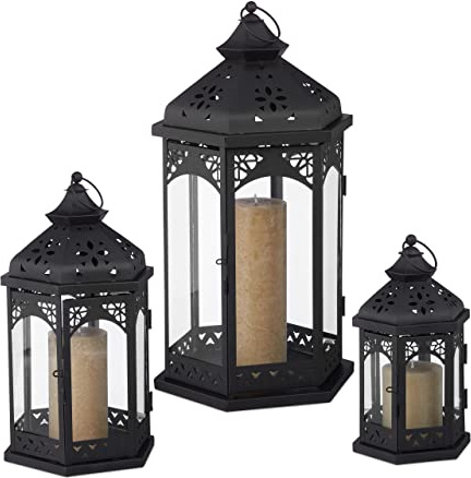 3 TLG. Laternen Set, Deko Laternen für draußen & drinnen, 3 Größen, Vintage Design, Retro Windlicht für Kerzen, schwarz