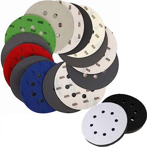 32 PCS 125mm Wet and Dry Sandpaper with 2 PCS Interface Pads, WEWINK PLUS 5 Inch 8 Hole Hook and Loop Sanding discs 1200 2000 2500 3000 4000 5000 7000 10000 Grit for Wood, Metal, Orbital Sander