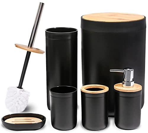 MissFox 6-teiliges Badezimmer Set, Seifenspender Zubehör aus Bambus, Accessoires mit Lotionspender, Mülleimer, Seifenschale, Toilettenbürste, Zahnbürstenhalter und Zahnputzbecher, Schwarz