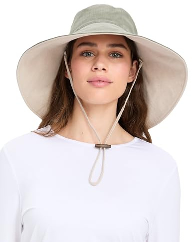 Solbari Ultra Wide Cotton Linen Hat - UPF50+ Packable UV Sun Protection Hat with Large Brim and Detachable Strap, Sage/Beige, Large - X-Large