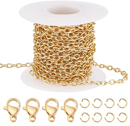 Beebeecraft Cadenas de Cable de Latón de 16.4 pie, Cadena de Eslabones Ovalados Planos Chapados En Oro de 18 Quilates con 20 Cierres de Pinza de Langosta Y 50 Anillos de Salto para Hacer Collares