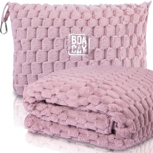 BOACAY Couverture de Voyage Pliable pour Avion, Voiture - Couverture de Bureau Compacte - Oreiller Portable pour Adultes, Enfants avec Étui, Manchon de Bagage, Pince de Sac à Dos