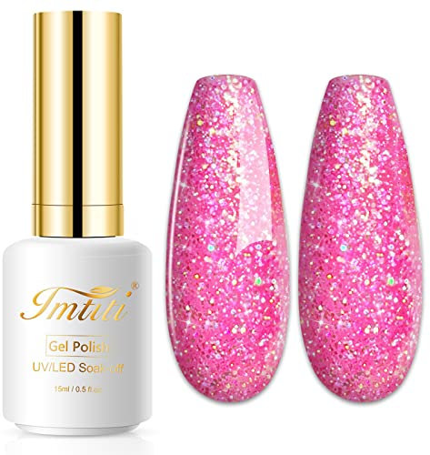 Imtiti Smalto Semipermanente Glitter 15ml Unghie Rosa Caldo Glitter UV Led Soak Off Gel Nail Polish Per Uso Professionale e Domestico