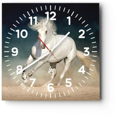 ARTTOR Modern Wanduhr Pferd Tier Weiß 30x30cm Quadrat Klein Wand Uhr Glas Analog Zimmeruhren Küche Büro Wohnzimmer Glasuhr Wall Clock Dekoration Design Wanddekoration Küchenuhr C4AC30x30-5252