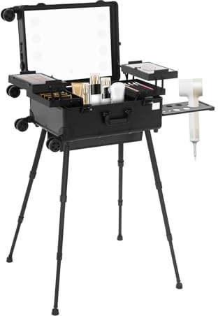 NadineDutol Valigetta cosmetica,trolley per trucchi,trucco,3in1,professionale,grande valigetta per trucchi,beauty case,richiudibile,in alluminio,con 4 rotoli,luce LED e gamba di supporto,Nero,