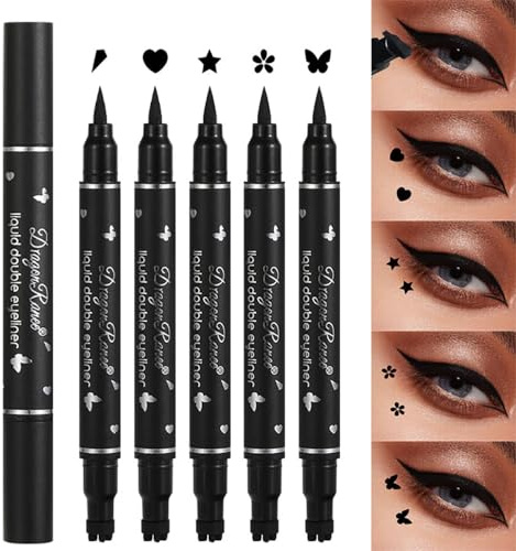 Dulele 5 PCS Black Liquid Eyeliner Stamp Pen Set, Double-Headed Waterproof Smudge-Proof Eyeliner Long Lasting Eyeliner Pen Tattoo Makeup Tool(Heart,Flower,Star,Butterfly,Triangle Seal Stamp)