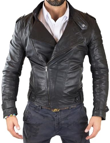 Chiodo Biker In Vera Pelle Nero Uomo Slim Collo Corena Con Bottone Rindway, S, Fodera (Primavera-Estate), Nero