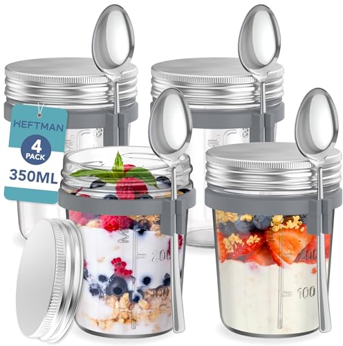 HEFTMAN Mason Jars for Overnight Oats - 4 Pack 350ml Overnight Oats Jar with Spoons & Airtight Stainless Steel Lids - Food-Safe Glass Breakfast Pots for Yogurt, Chia Pudding - 12oz, Reusable (4 PCS)