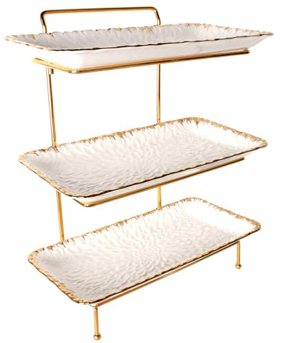 jinsongdafa Lot de 3 plateaux de service à 3 étages de 35,5 cm en porcelaine en relief avec bord doré - Support solide et doré - Pour les fêtes, les présentations des aliments, les desserts de fruits