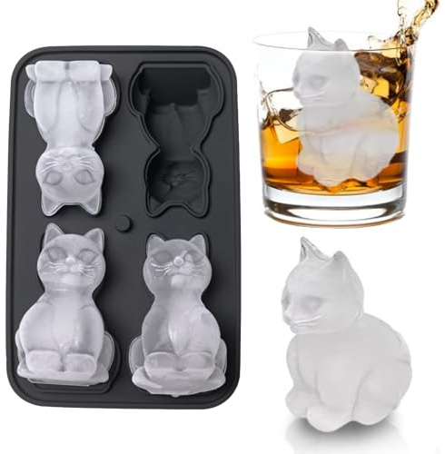 Eiswürfelform, Eiswürfelbehälter Mit Deckel, Halloween Katze 3D Eiswürfel Form 4-Fach Eis Würfel Formen Für Cocktail Whisky Bier Wein Kaffee Schwarz Ice Cube Tray