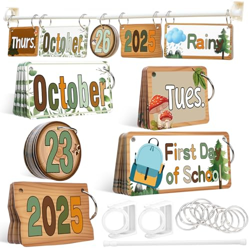 Marspark Calendar Bulletin Board Set Classroom Flip Calendar with 71 Date Weather Chart & Special Festival Cards with Adjustable Holder O Rings for School Home Decor Teacher Must Haves (Natural)