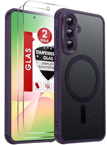 LeYi für Samsung Galaxy A56 5G Hülle für Magsafe mit 2X Panzerglas-Violett | Handyhülle Ultra Dünn Magnetisch Schutzhülle Schutzglas Matt Transluzent Stoßfest Handy Phone Case Cover 128gb A 56