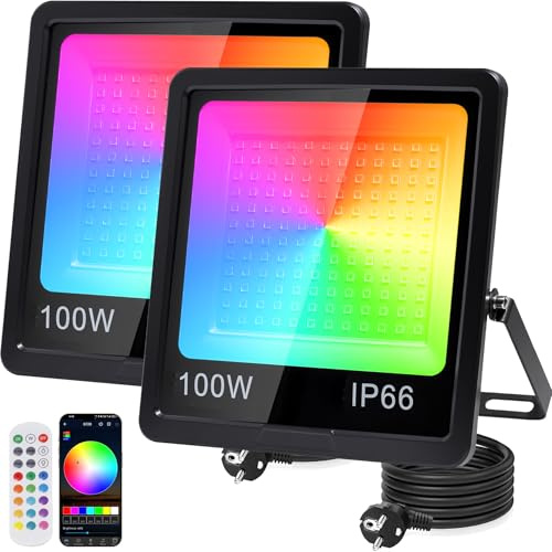 Indmird 100W Projecteur RGB Exterieur, Lot de 2 Projecteurs Led Couleur avec Télécommande 2.4G et Bluetooth APP, Étanche IP66 Spot led Rgb Extérieur Pour Fête Jardin Halloween