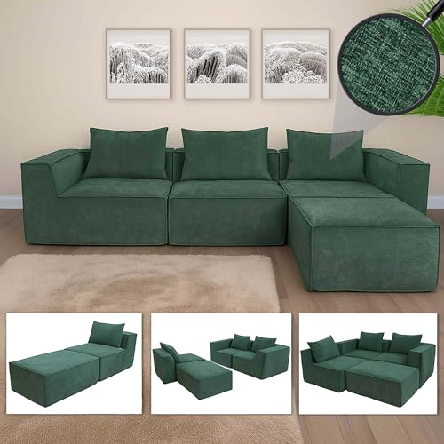 Mendler Set di divani componibile HWC-O54, divano sofa lounge pouf ottomano penisola, stoffa/tessuto 63x270x190cm - verde