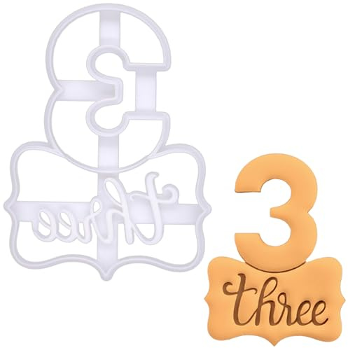 BAKERLOGY Number 3 Cookie Cutter – “Three” Embossed Design for Birthday or Anniversary Baking Stamp for Cakes, Cupcakes, Cookies, and Fondant Decorations