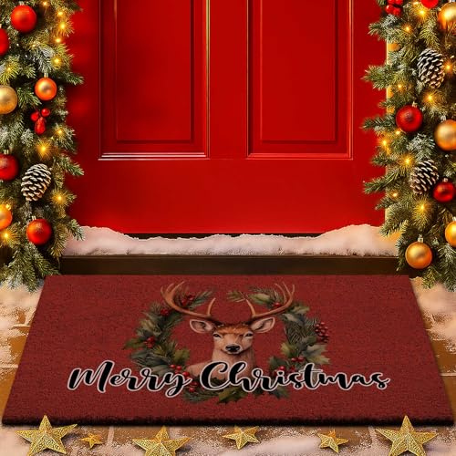 Lanpn Christmas Welcome Natural Coir Door Mat, Reindeer Coco Front Door Outdoor Doormat Outside Entrance Porch Non Slip Rubber Rug Winter Xmas Farmhouse Decor (Red, 42x75cm)