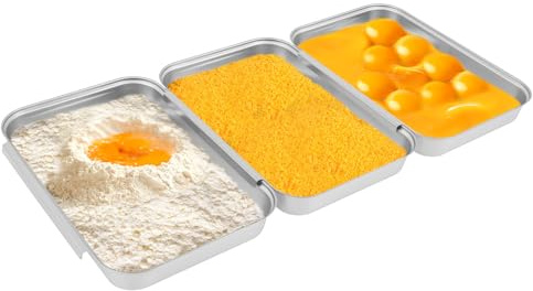 3Pcs Stainless Steel Breading Tray, Stackable Interlocking Coating Tray,Rectangular Dredging Pan Dishwasher Safe Oven Safe for Marinating Chicken Fish Baking Prep