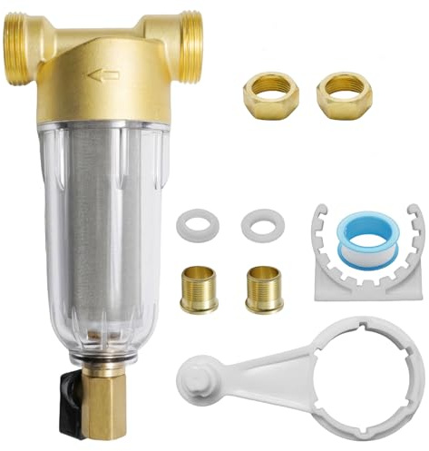 Ollanoos Wiederverwendbar Wasserfilter Vorfilter, 1 Zoll mit 3/4 Adapter, 40 Mikron Edelstahl Filternetz, Transparentes Gehäuse für Waschmaschine Hauswasser