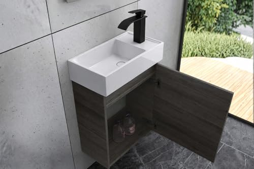 Faizee Home | Badmöbel Set Grau – Waschtisch mit Unterschrank & Keramik-Waschbecken | Inkl. Wasserfall-Armatur in Schwarz | Modernes Badezimmermöbel mit elegantem Design