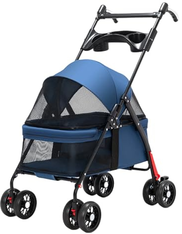 Pet Stroller with Rain Cover Foldable Cat Pram with Cup Holder and Rotating Handle,Pet Pushchair with 4 Wheels for Cats and Dogs Up to 39lbs, Blue