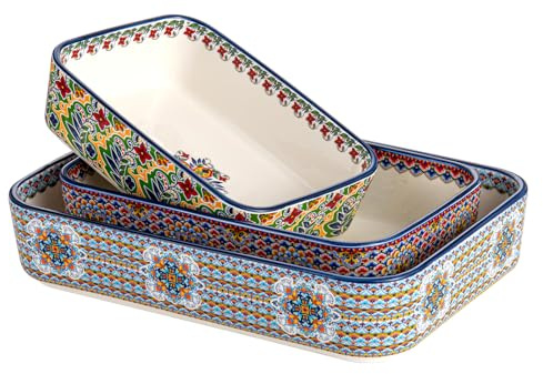 Casserole Dishes for Oven, Ceramic Baking Dishes Set of 3, Rectangular Lasagna Pans, Ceramic Bakeware Set for Baking, Roasting and Serving - Boho Style