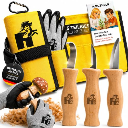 HOLZHELD - Schnitzmesser Kinder ab 4 Jahren - Schnitzwerkzeug Set | inkl. Schnittfeste Handschuhe - Schnitzset mit praktischem Etui - Schnitzen Ab 4, 5, 6, 7, 8, 9 | Gelb Größe 5