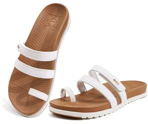 KuaiLu Womens Slides Sandals with Arch Support Yoga Mat Cushion Plantar Fasciitis Comfort Adjustable Shoes Summer Beach Walking Ladies Slip On Sandles Fashion White Khaki 5