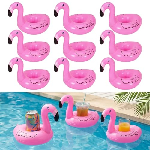 9 Stück Flamingo Getränkehalter Pool, Mini Flamingo Pool getränkehalter, Aufblasbare Getränkehalter für Whirlpool, Aufblasbare Drinkhalter für Poolpartys, Hawaii, Strand