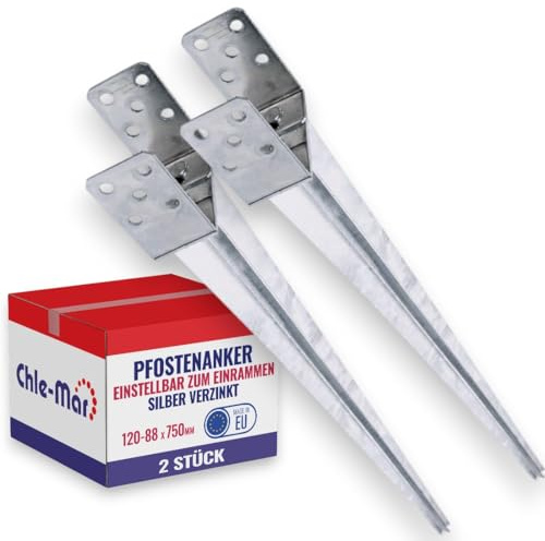Chle-Mar 2x Verstellbare U-Pfostenträger 0–120mm, Einschlaghülse Länge 75cm | aus 3 mm feuerverzinktem Stahl, Bodenhülse zum Einschlagen für Vierkant-Holzpfosten, Zaun, Pergola, ohne Betonieren