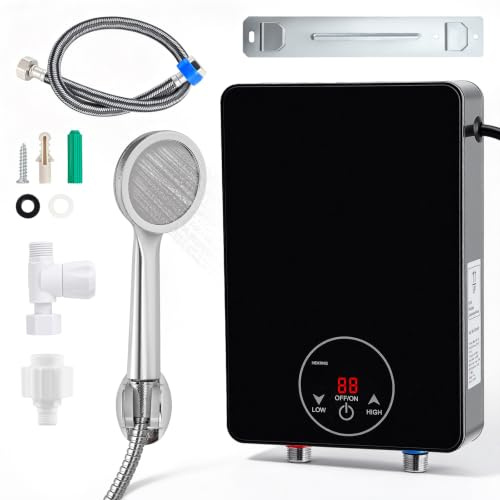 Durchlauferhitzer 6000W 230V, Mini Sofort Warmwasserbereiter mit LED Temperaturanzeige, 30–55°C Temperaturregelung, IPX4 Wasserdicht, Elektrischer Wassererhitzer für Küche, Bad und Garten(Black)