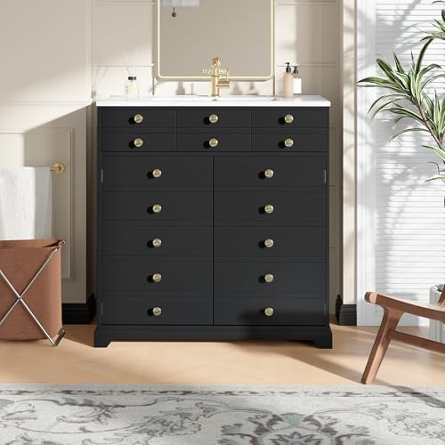 luckdect Meuble Vasque sur Pied 91,5 cm Noir et Or avec Lavabo en Céramique, Meuble Salle de Bain avec 2 Tiroirs Soft-Close, Armoire et Étagère Réglable, Rangement sous Vasque, 91,5 x 47 x 86,5 cm