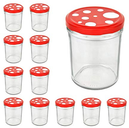CapCro 12er Set Einmach-Gläser mit Deckel 435 ml I robuste Einweckgläser - Deckel im Fliegenpilz-Dekor rot-weiß I Marmeladen-Glas-Set to 82 - spülmaschinengeeignet I Twist-Off Gläser 12 Stück