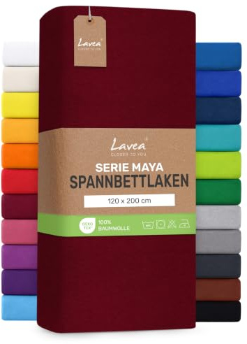Lavea® Spannbettlaken 120x200cm - Bordeaux | Maya, 100% Jersey Baumwolle – Weiches Spannbetttuch mit Rundumgummi, atmungsaktives Bettlaken für Matratzen bis 20 cm