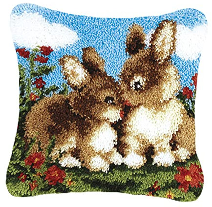Milageto 17x17 in DIY Latch Hook Kit Rug Making Crafts for Kids and Adults Embroidery Carpet Cushion Bolster Pillowcase Needlework Sewing Tool, Rabbits, 43x43cm