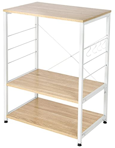 eSituro Küchenregal mit 4 Haken, Mikrowellenregal mit 3 Ablagen, Bäckerregal für Küche Café Wohnzimmer Badezimmer, Aufbewahrungsregal, 60 x 82 x 40 cm, Helle Eiche+Weiß