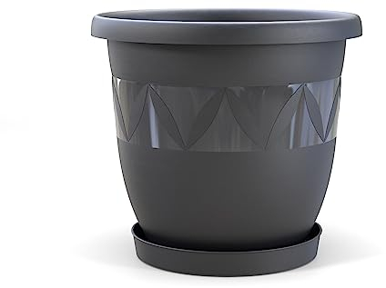 Plastard Blumentopf Durchmesser 30 cm mit Untersetzer Farbe Anthrazit runder Pflanzkübel Blumenkübel Gartentopf aus Kunststoff witterungsbeständiger für Innen und Außen