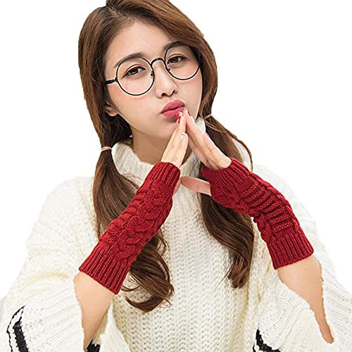 GHCXY Unisex-Erwachsene Fäustlinge Strickhandschuhe lang Winter fingerlos einfache Handschuhe glamourös warm Strickhandschuhe rot 20 cm