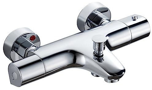 SINKTORY Badewannenarmatur Thermostat, Wannenarmatur Thermostat Messing, Chrom Mischbatterie Dusche Thermostat mit 38 °C Sicherheitstaste, Duscharmatur Verbrühschutz 20-50℃, 2 Wasserauslässen
