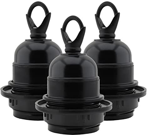 Art Deco Emporium Triple Pack E27 Lampholder in Black Bakelite with Shade Ring and Deco Styled Chain Closed Loop for Hanging Light Fittings, Black Ceiling Light Fitting or Pendant Light Fitting