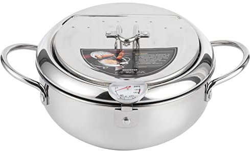 Tiiyee Japanese Tempura Pot, Deep Fryer Pan Non Stick Stainless Steel Frying Cookware with Thermometer Lid Oil Drip Drainer Rack Dual Handles Temperature Control for French Fries Chicken(20cm)