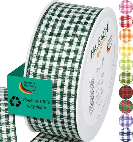 Halbach Vichy-Karo-Geschenkband, 40 mm x 25 m, dunkelgrün | Kariertes Geschenkband, Made in Germany und Öko-Tex 100 zertifiziert, waschbar und wetterfest zum Verpacken und Dekorieren