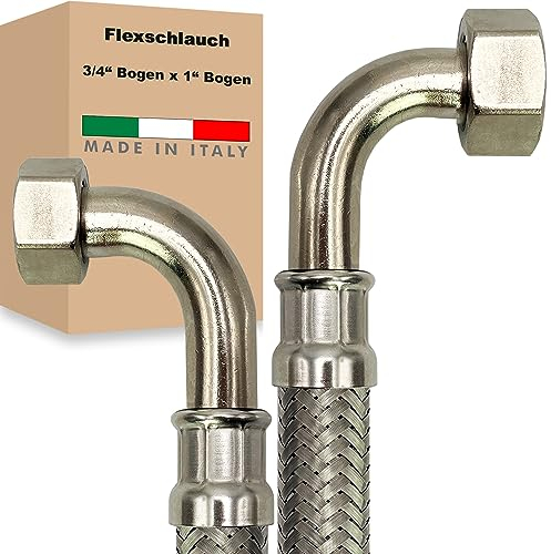 Flexschlauch ÜM-BOGEN x ÜM-BOGEN Edelstahl Panzerschlauch Anschlußschlauch Sanitär Armaturenschlauch Hauswasserwerk Made in Italy (3/4 x 1 - 1500 mm - Z-Form)