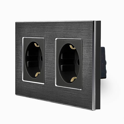 Luxus-Time 2-Fache Steckdose im zweifachen Design Aluminiumrahmen für die DE Unterputzdose Einbau Dose zweifach Schuko Stecker in schwarz LXBA2-12-71-12