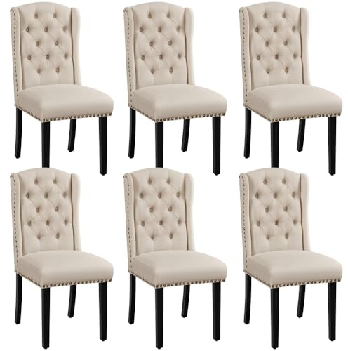 Yaheetech Lot de 6 Chaises de Salle à Manger en Tissu Effet Lin Design Classique Boutonné Ensemble de Chaises de Cuisine Rembourrées avec Pieds en Bois Massif Garniture Clou Dorés Beige